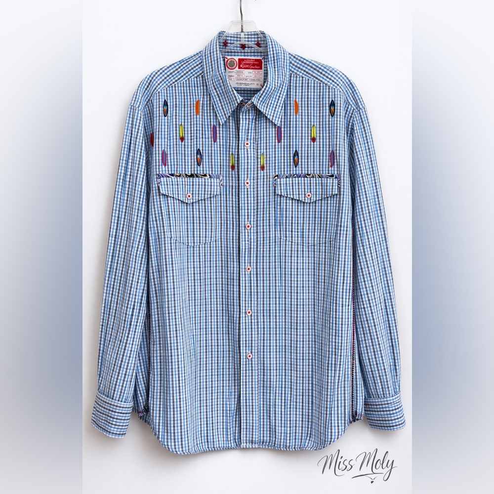 Robert Graham Surfboard Embroidered Blue Gingham Button Down Shirt XL